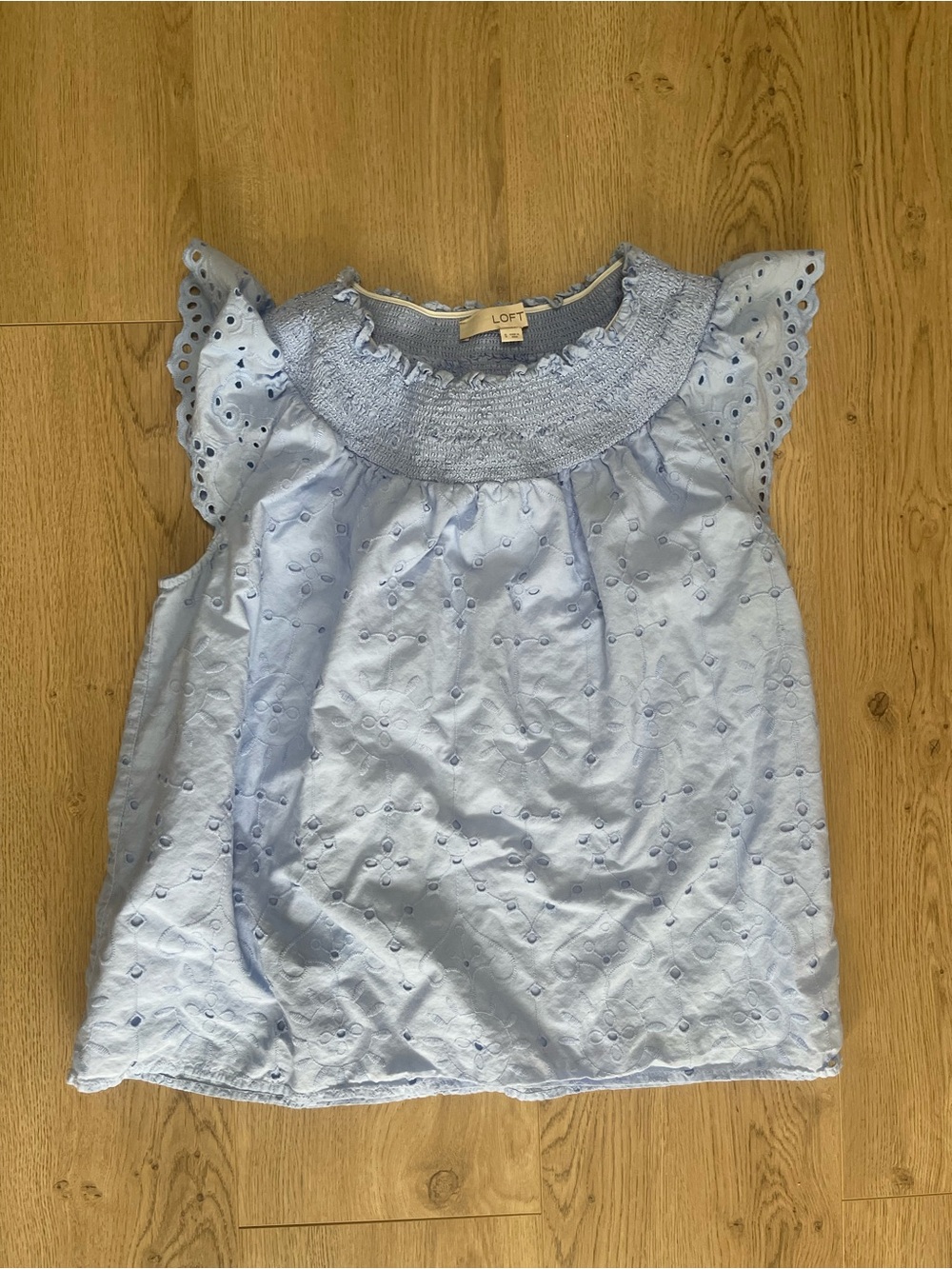 LOFT Light Blue Eyelet Flutter Sleeve Top (S)